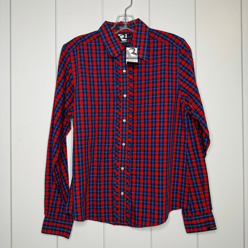 Rodeo Cowgirl Western Plaid Ruffle Shirt Rockies Red Blue Cotton S NWT